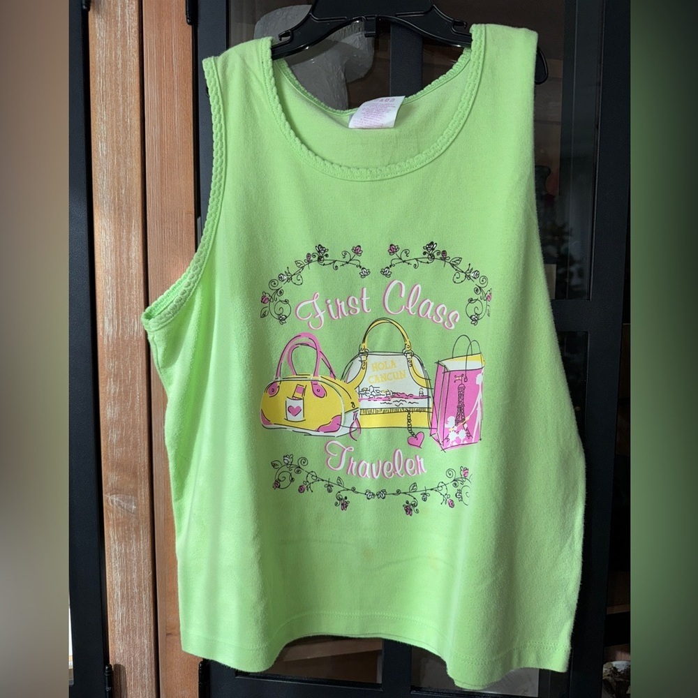 Vintage y2k girls tank top first class traveler cancun lime green baby tee teen